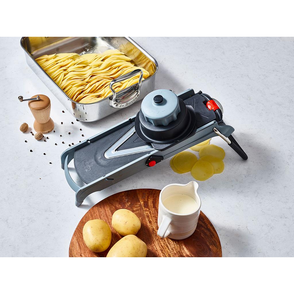 Mandolina Viper con regulador de espesor y sistema cubo, con tajador, 2 julianas - De Buyer