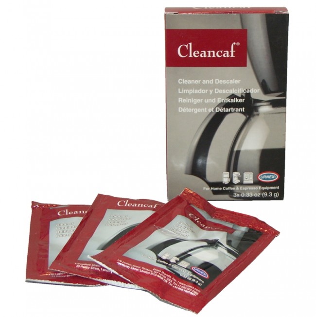 Polvo limpiador y eliminador de sarro Cleancaf para máquinas de café, caja de 3 sobres de 9 gr c/u - Urnex 