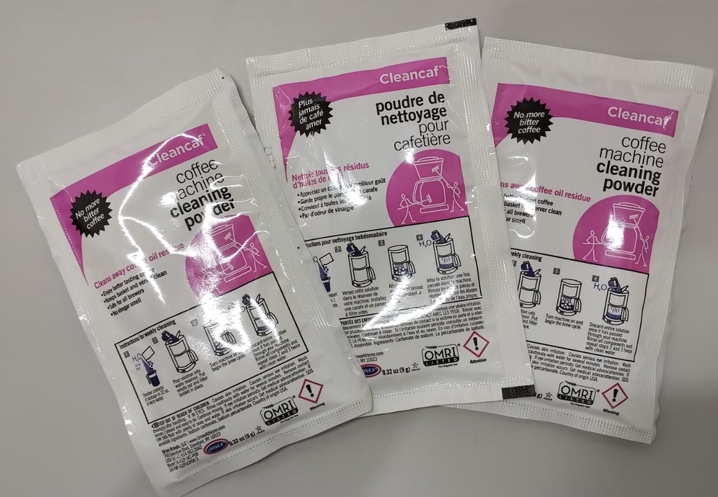 Polvo limpiador y eliminador de sarro Cleancaf para máquinas de café, caja de 3 sobres de 9 gr c/u (Outlet) - Urnex